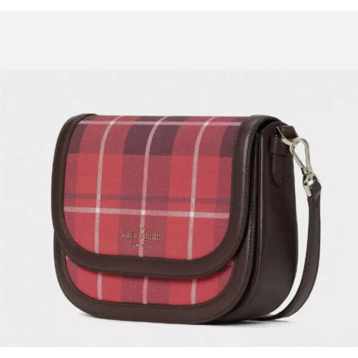 Plaid Saddle Bag Blake Crossbody Purse Bright Rose Red Black by Kate Spade