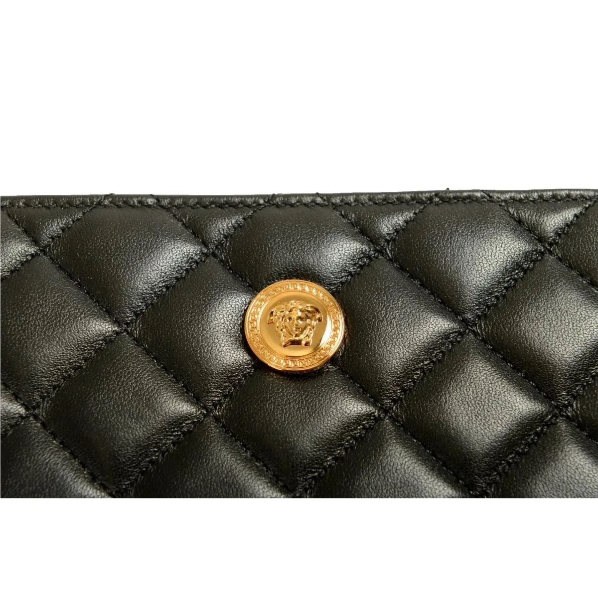 Versace Black Quilted Leather Gold Medusa Zip Around Wallet