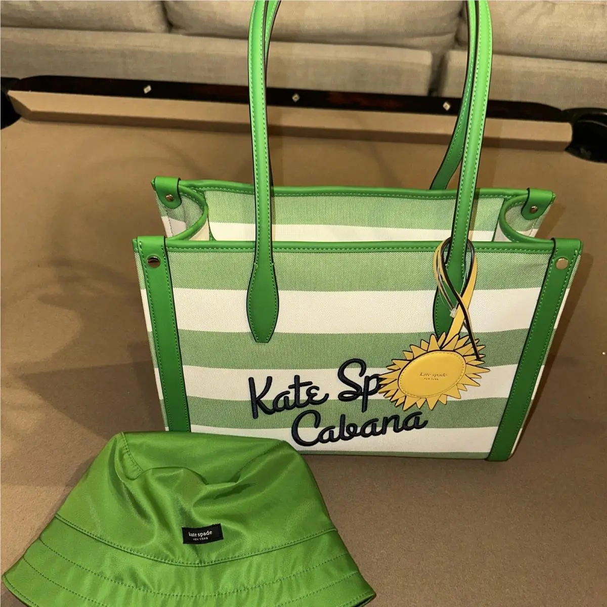 Bundle  Market Cabana Canvas Medium Tote Green Bucket Hat OS by Kate Spade