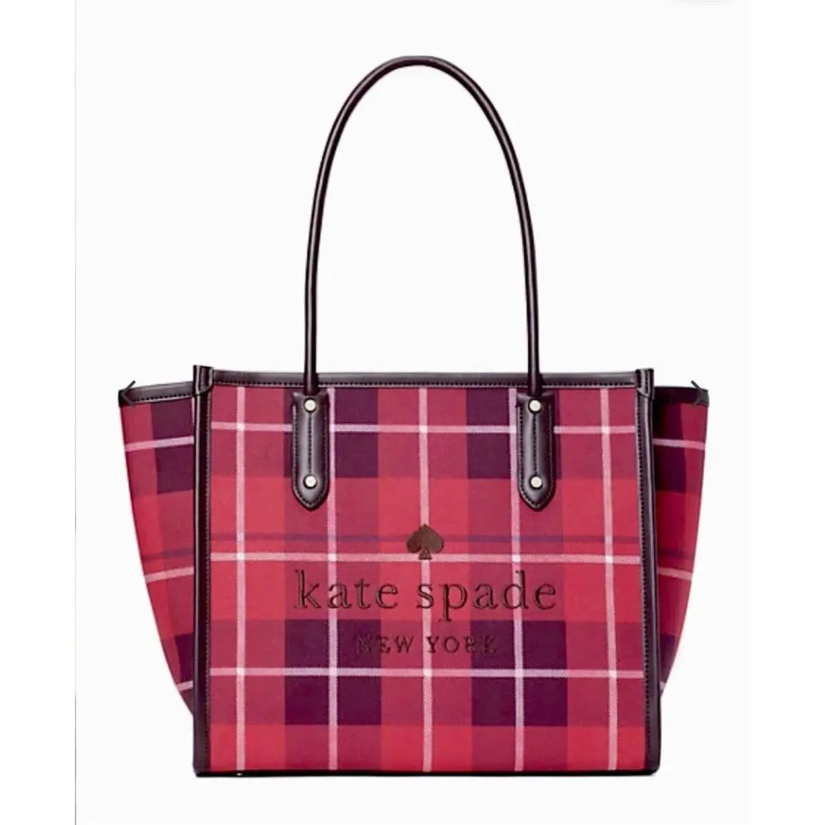 Kate Spade Plaid Tote Bag Ella Bright Rose Red Black Purse