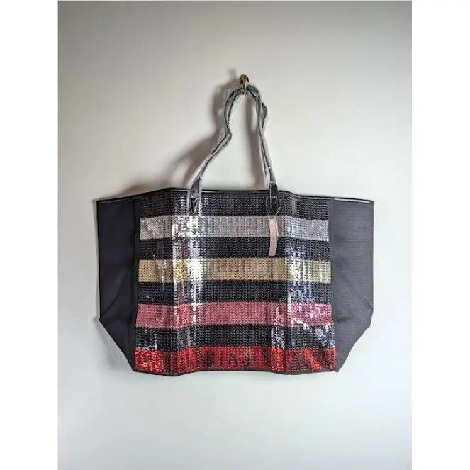 2 Set Victoria`s Secret Make Up Tote Bag Log Stripe Sequin Glam Weekender by Victoria's Secret