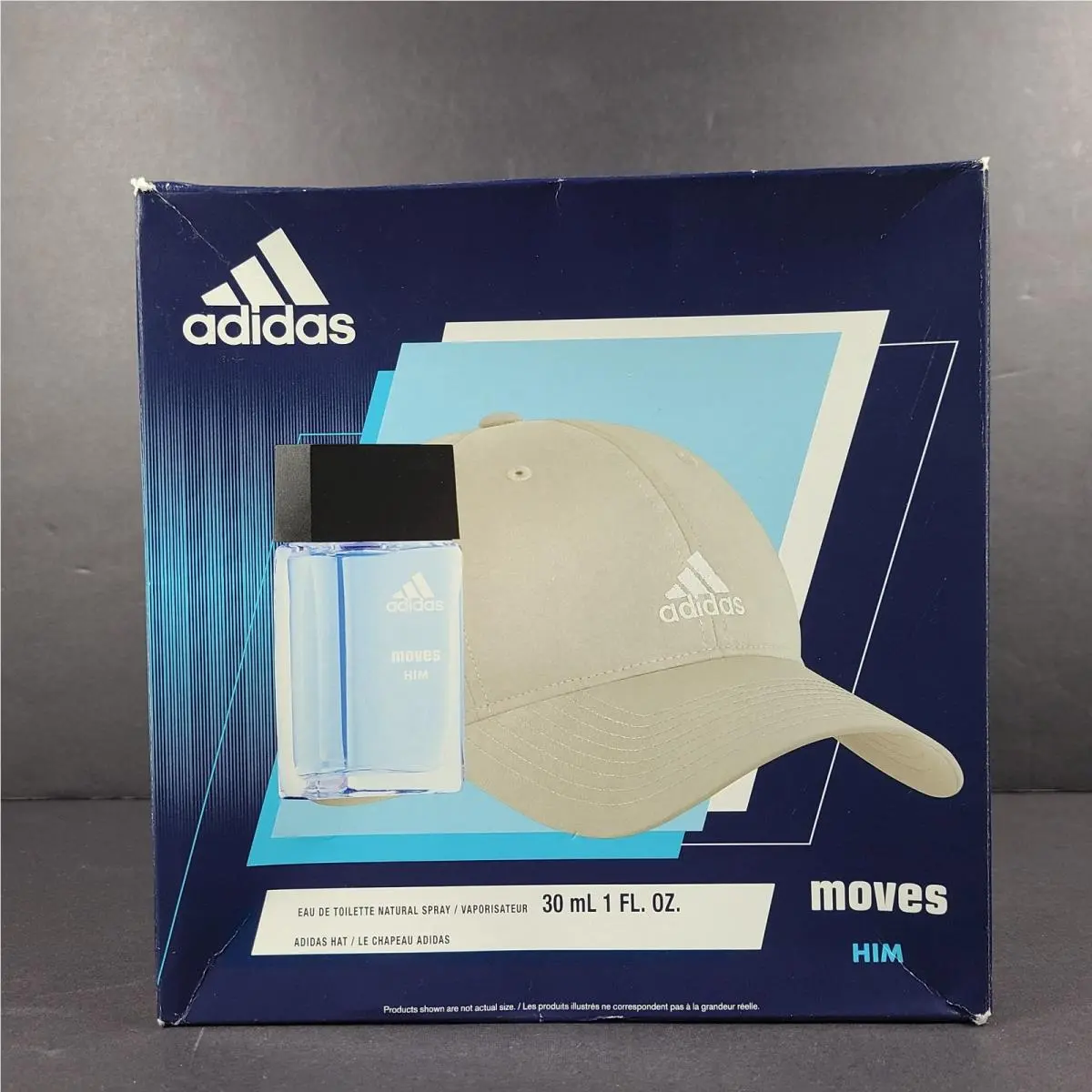 2 Pc Gift Set Adidas Moves Him Men`s Edt Spray 1 fl oz + Baseball Cap Beige