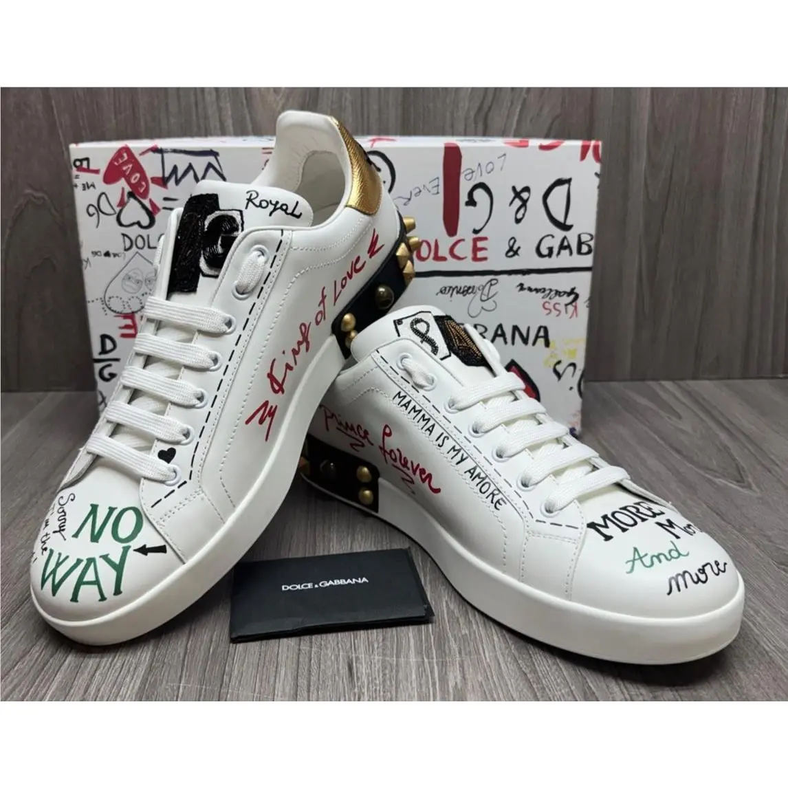 Dolce Gabbana Portofino Graffiti Printed Calfskin Leather Sneakers Size: 10/43 by Dolce & Gabbana