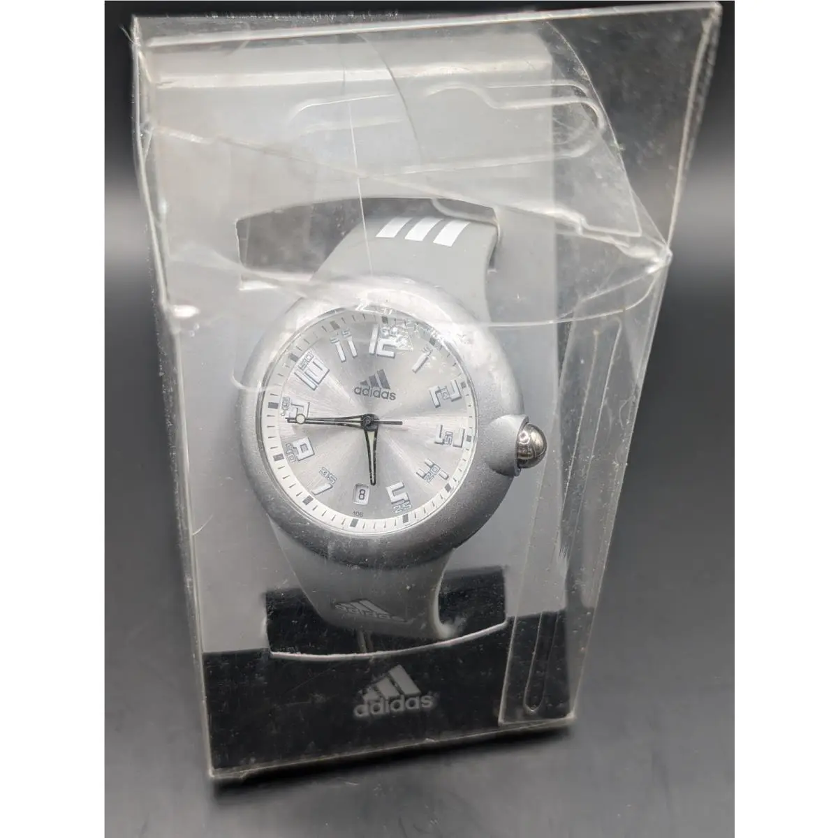 Adidas Silver Gray Quartz Watch Rubber Strap Date Display In Package