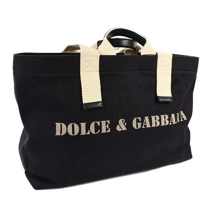 Dolce Gabbana Blue Drill Stamp Canvas Leather Tote Shoulder Bag Italy