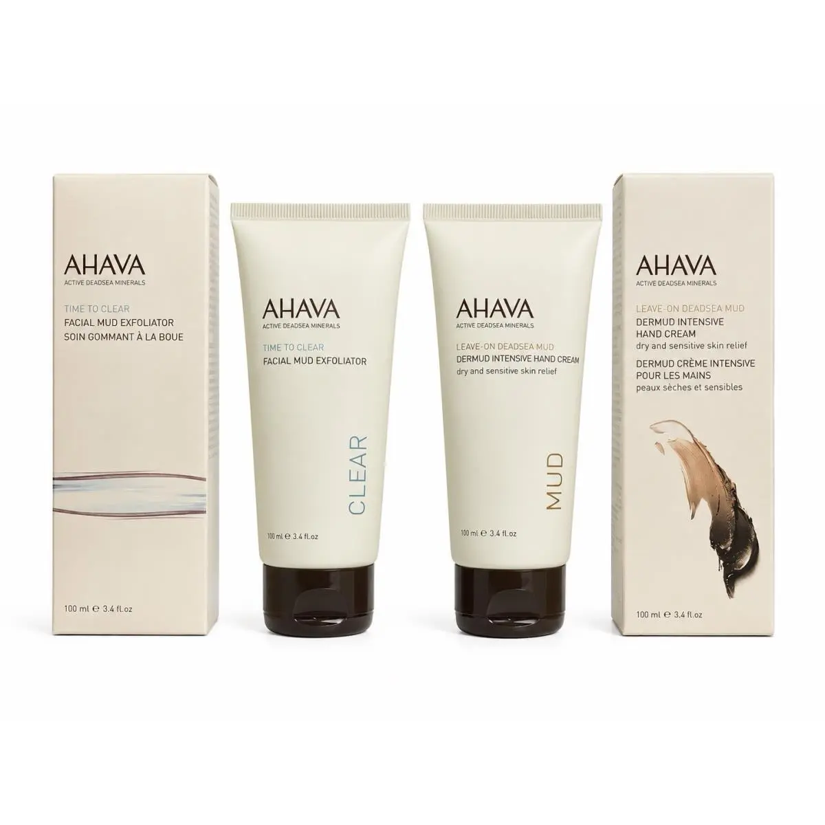 Ahava Facial Mud Exfoliator Dermud Intensive Hand Cream 3.4 fl oz Set by AHAVA