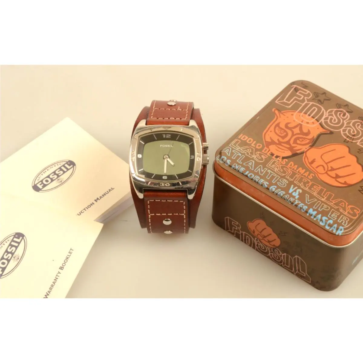 Vintage  Watch AM-3695 Super Wide Brown Leather Band - Needs Battery by Fossil