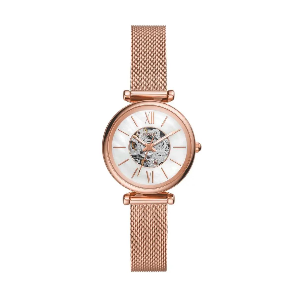 Women`s Carlie Mini Automatic Stainless Mini Rose Gold Mesh/white by Fossil