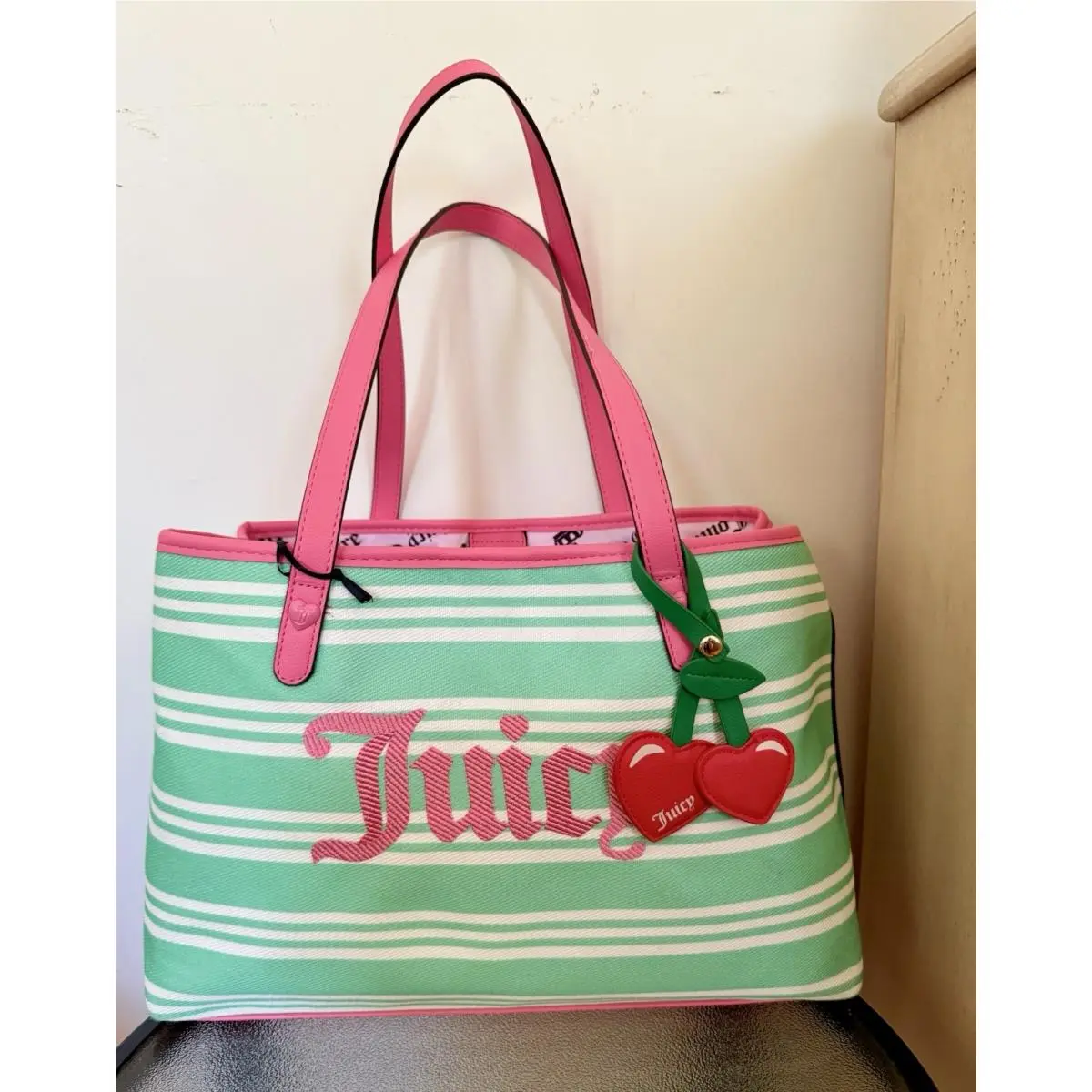 Juicy Couture Paradise Tote Bag Green White Striped Cherry Charm Canvas