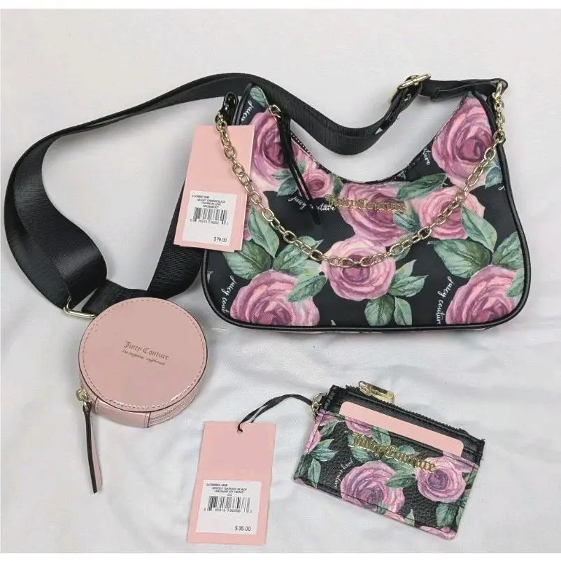 3 Piece Set Moody Garden Black Chains In Love Bag Floral Gold by Juicy Couture