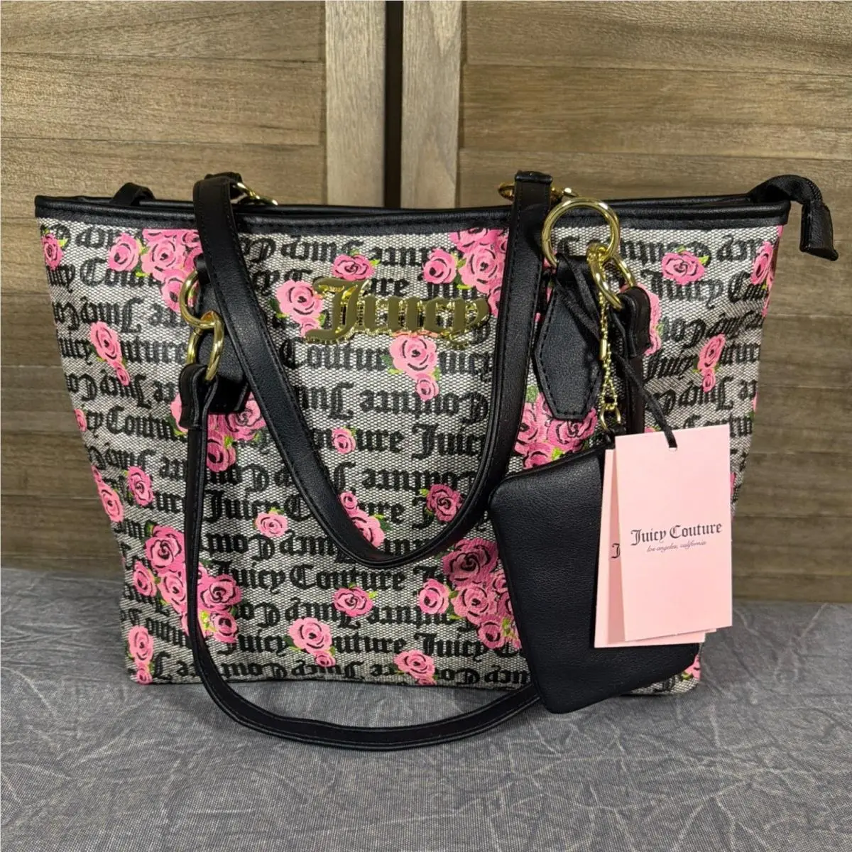 Juicy Couture Day to Date Tote Bag Pink Bloom Black Floral Monogram Shopper