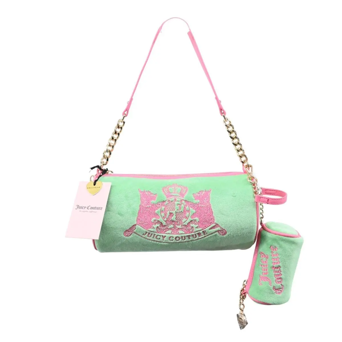 Juicy Couture Retro Velour Barrel Bag Green Pink Y2K Scottie Crest Satchel