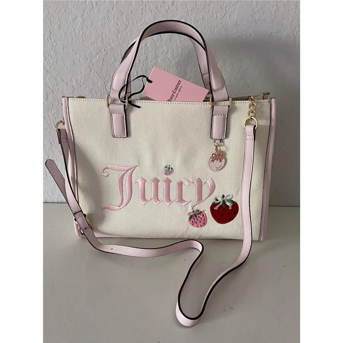 Juicy Couture Berry Sweet Tote Bag Natural Strawberry with Charm Crossbody