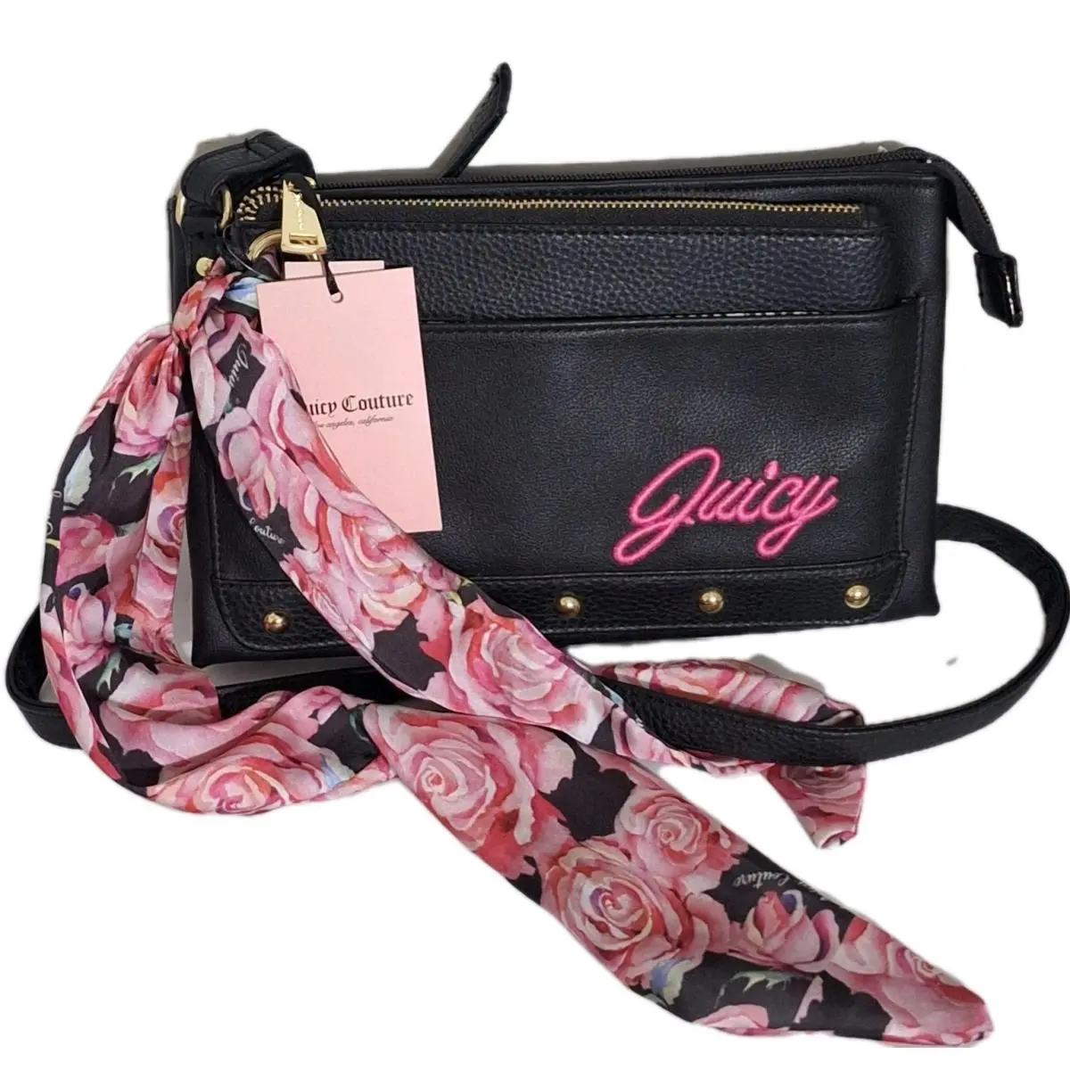 Juicy Couture Black In Bloom Crossbody Bag with Removable Wristlet and Scarf