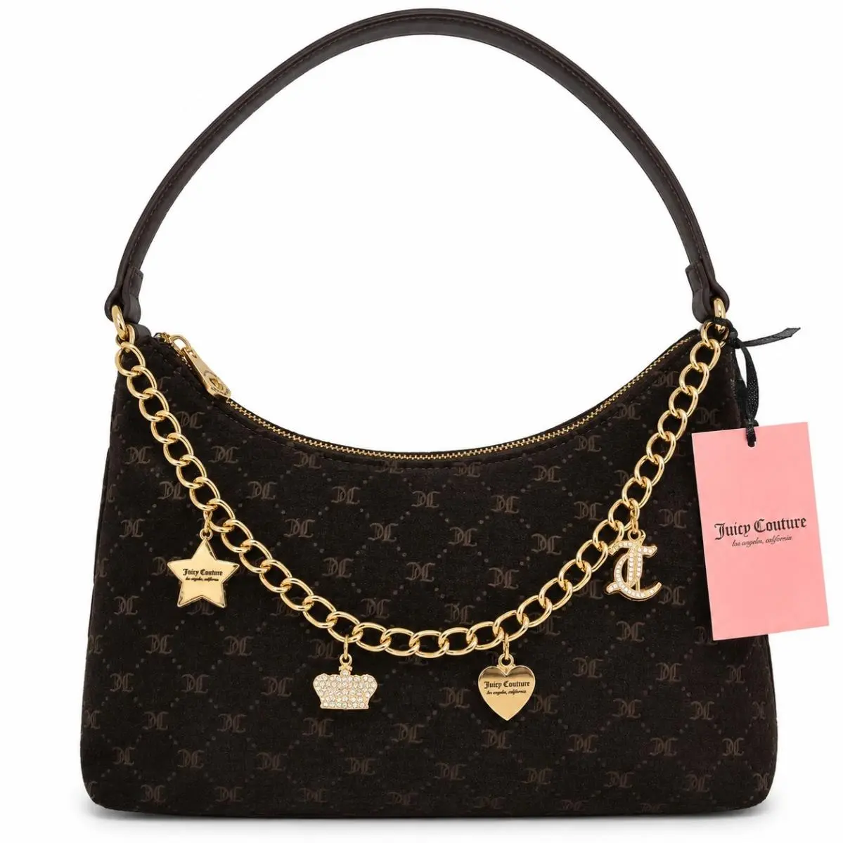 Juicy Couture Not Your Babe Hobo Shoulder Bag Brown Monogram Charm Purse