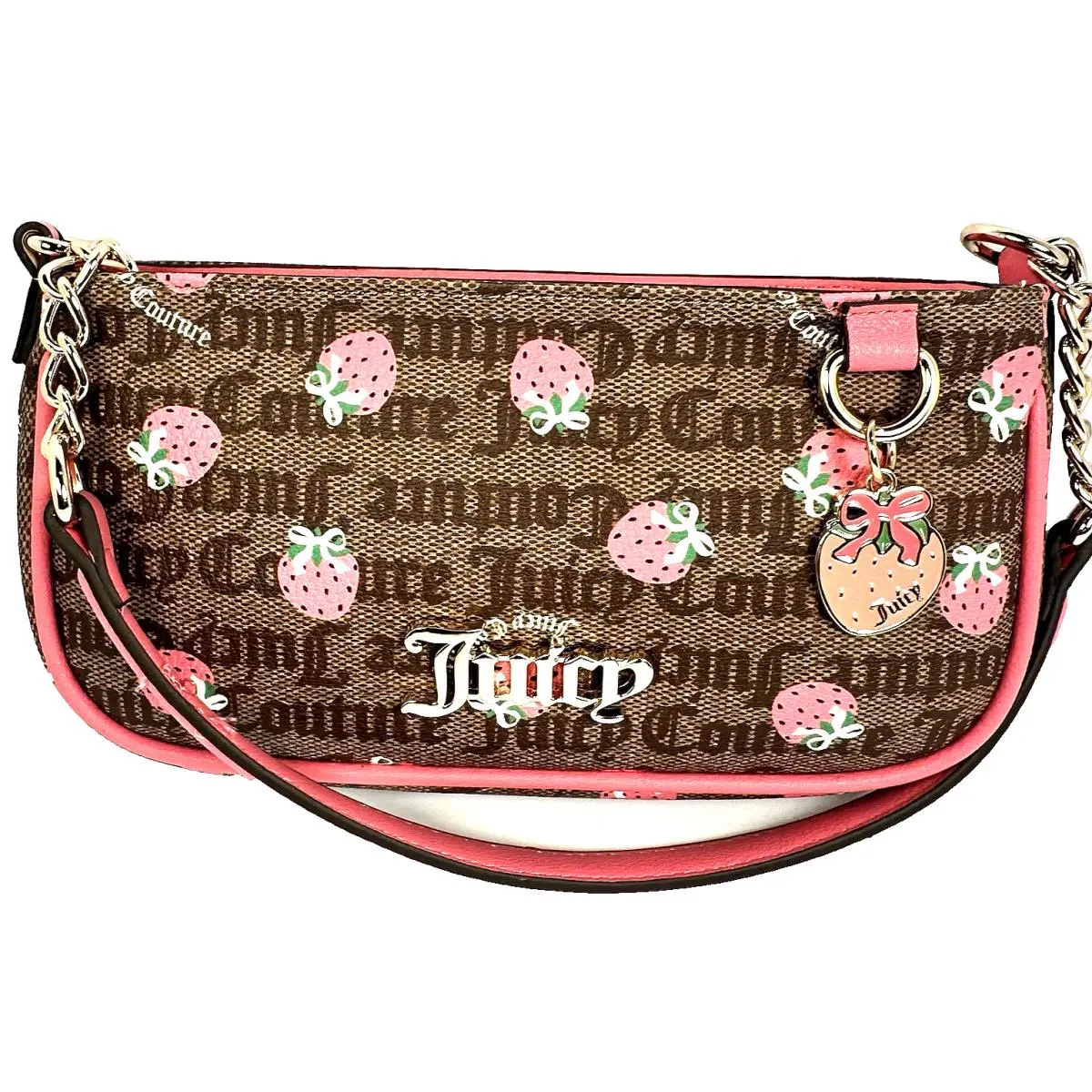 Juicy Couture Strawberry Shoulder Bag Pink Brown Y2K Charm Logo Baguette Purse