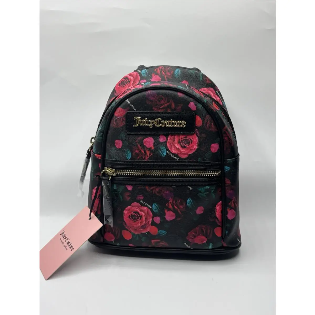Juicy Couture Black Pink Rose Mini Backpack Purse Y2K Logo Whimsigoth Preppy