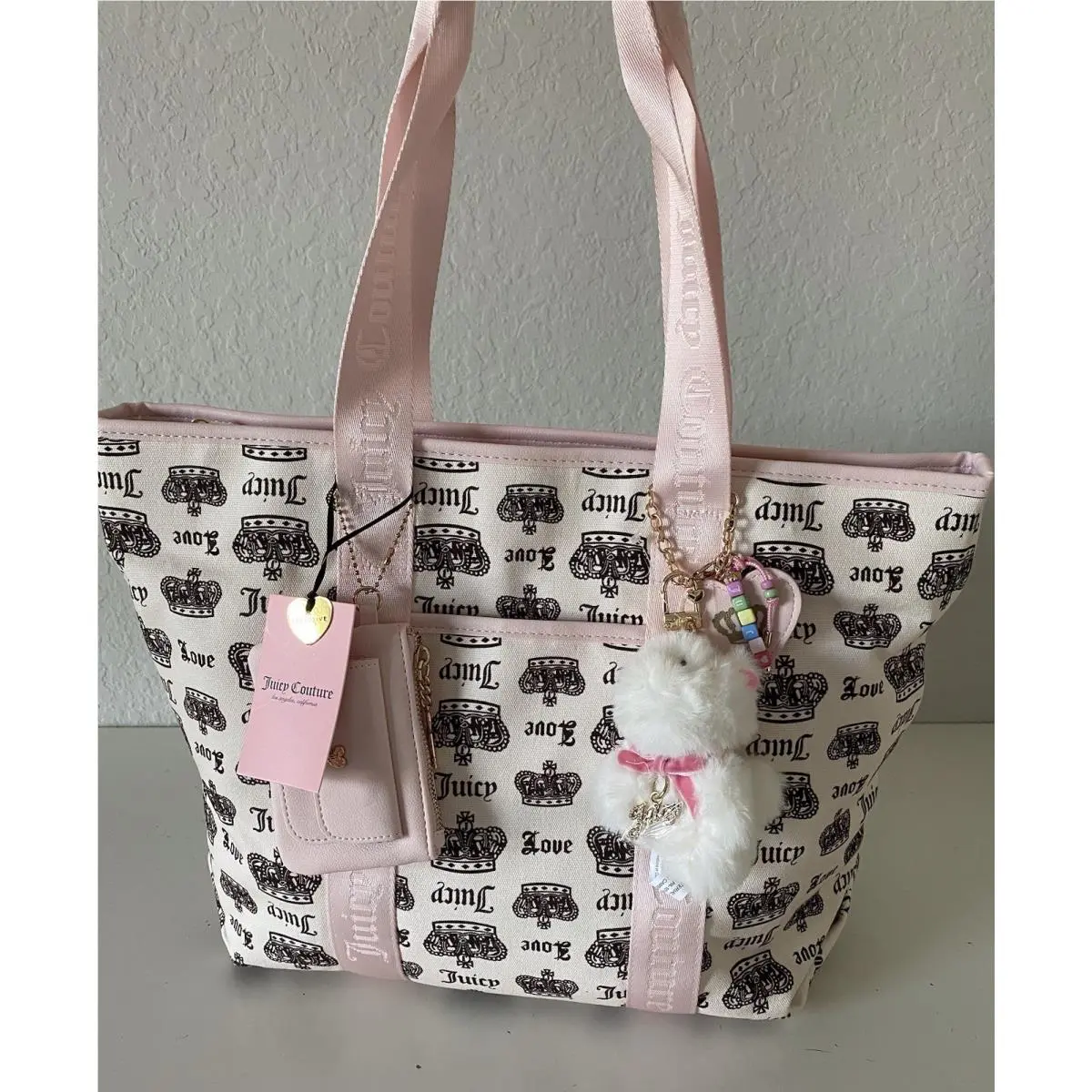 Juicy Couture Crown Juicy Festival Tote Bag Pink Cream Chocolate W/plush Charm