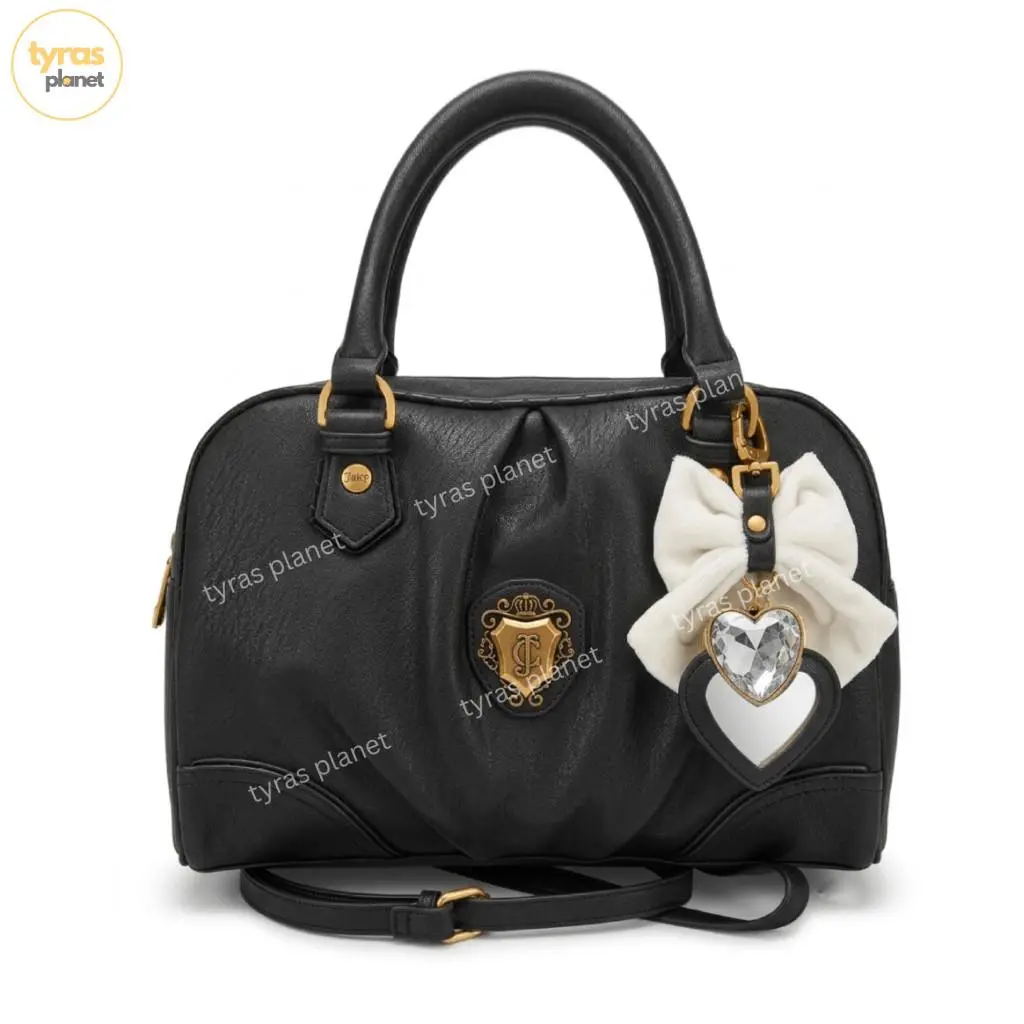 Juicy Couture Satchel Handbag Bow Charm Black Logo Shoulder Crossbody