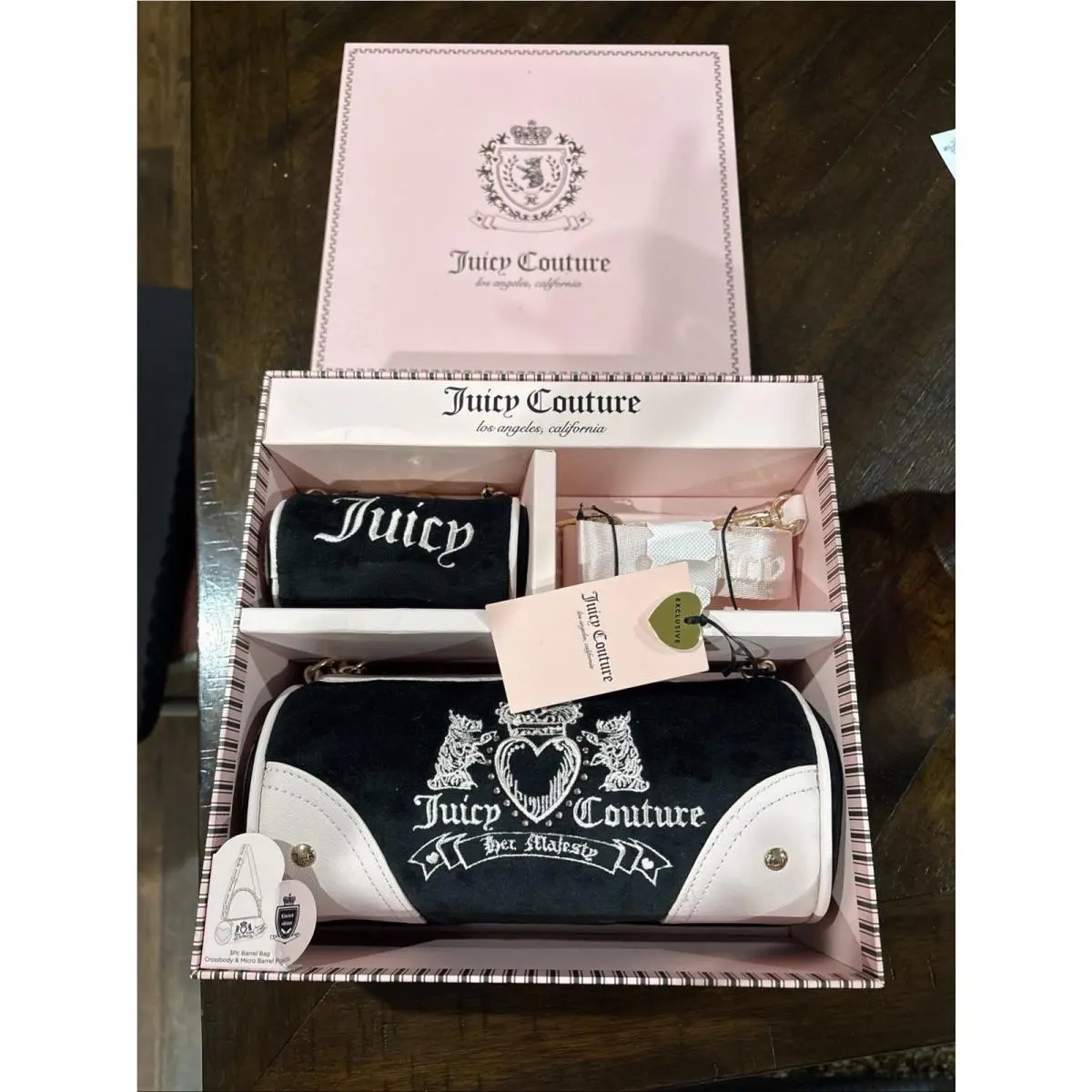 Heritage Barrel Bag 3pc Set Liquorice Black Pink Crossbody Zip by Juicy Couture