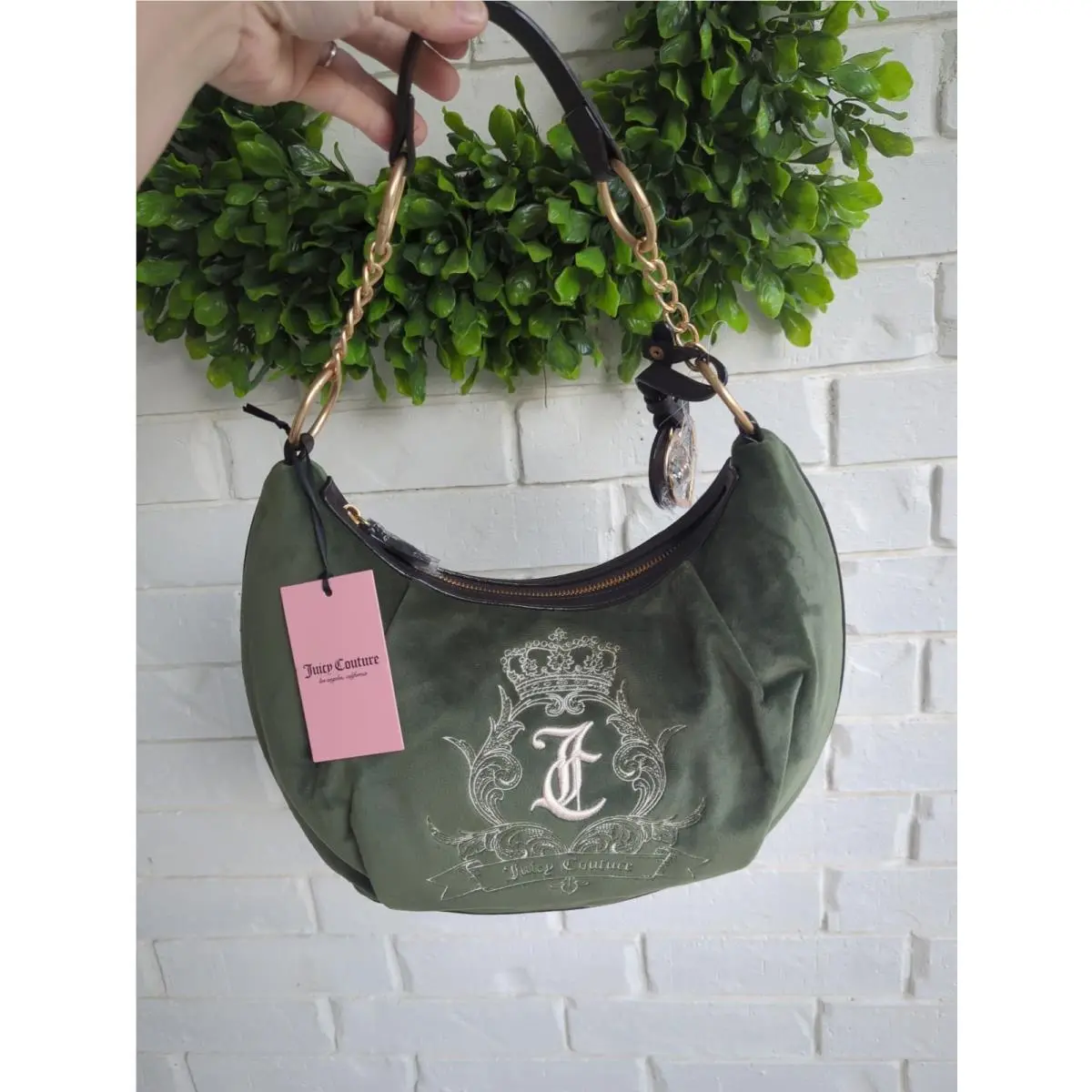 Olive Green Velour Embroidered Shoulder Bag Need More Juicy Hobo by Juicy Couture