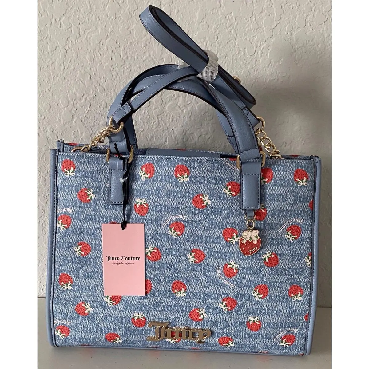 Juicy Couture Berry Sweet Tote Bag Dusty Blue Red Strawberry Logo W/charm
