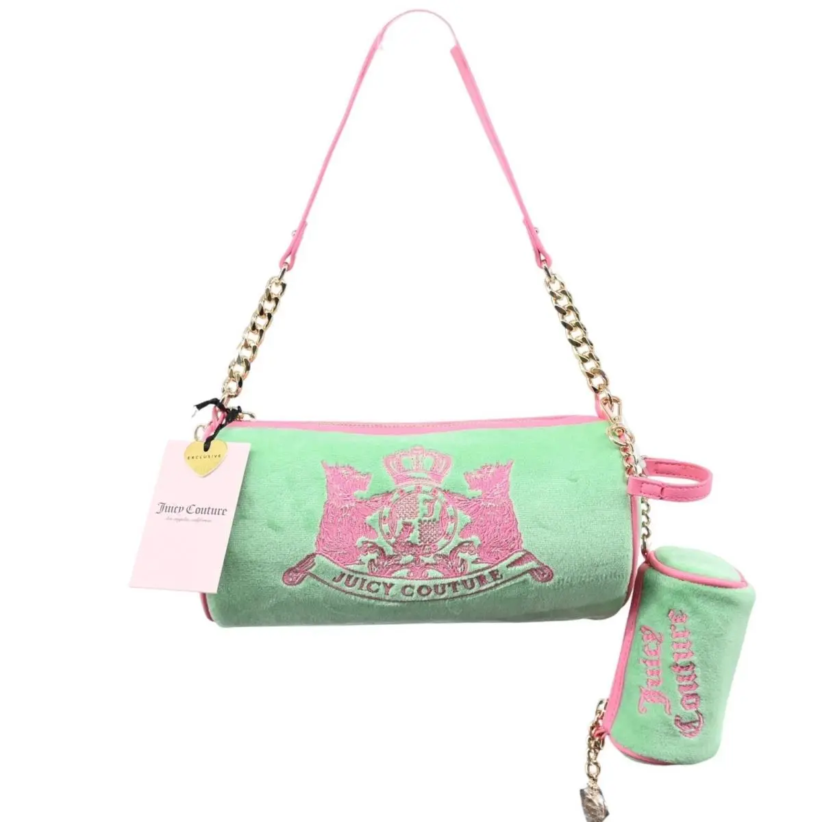 Juicy Couture Retro Velour Barrel Bag Green Pink Y2K Scottie Crest Satchel