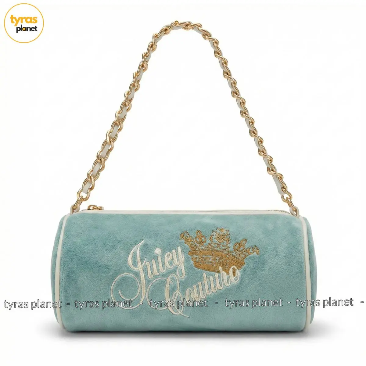 Juicy Couture Heritage Barrel Bag Cylinder Purse Sage Green Velour Gold Crown