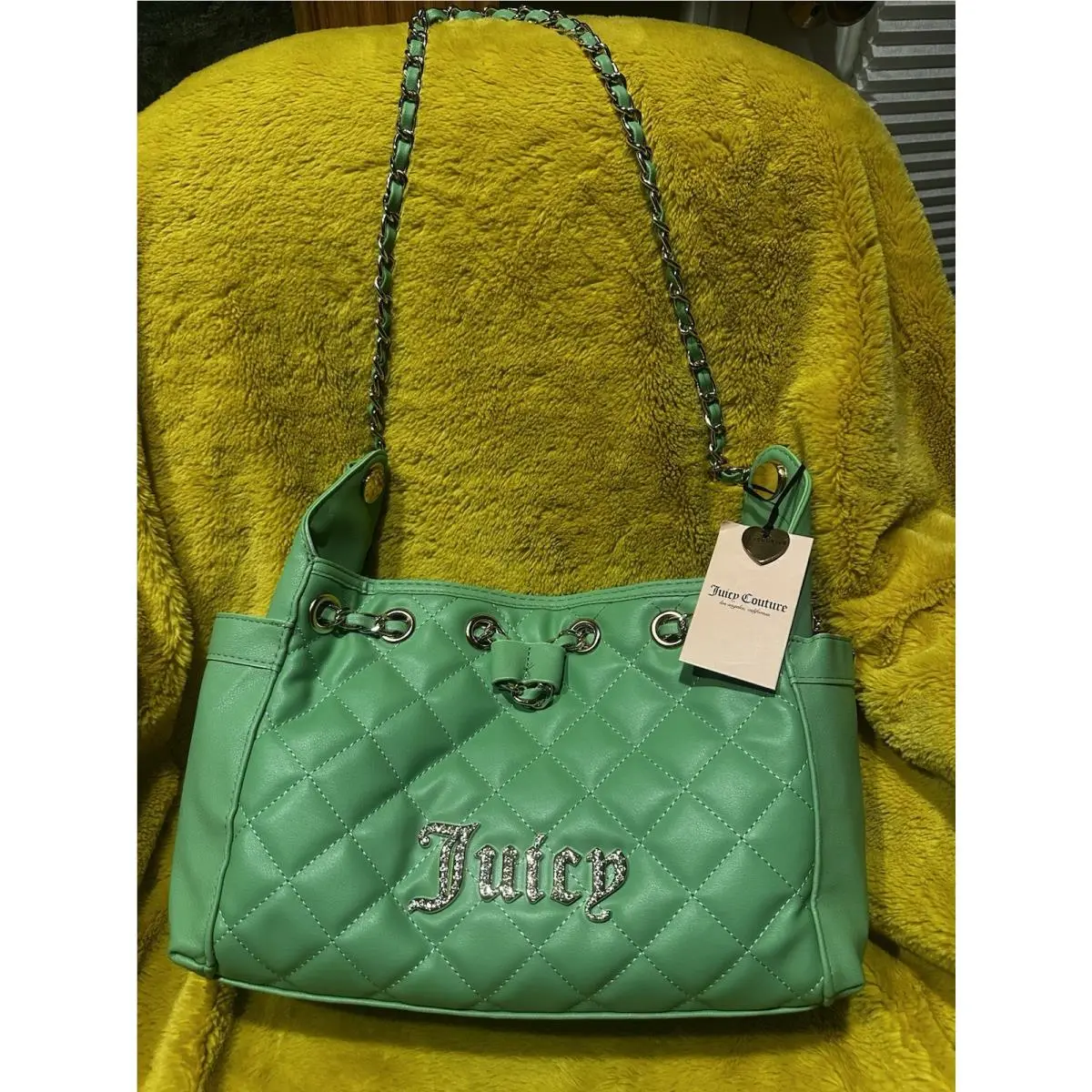 Green Quilted Shoulder Bag Gold Chain Strap Logo Fashion Chic by Juicy Couture