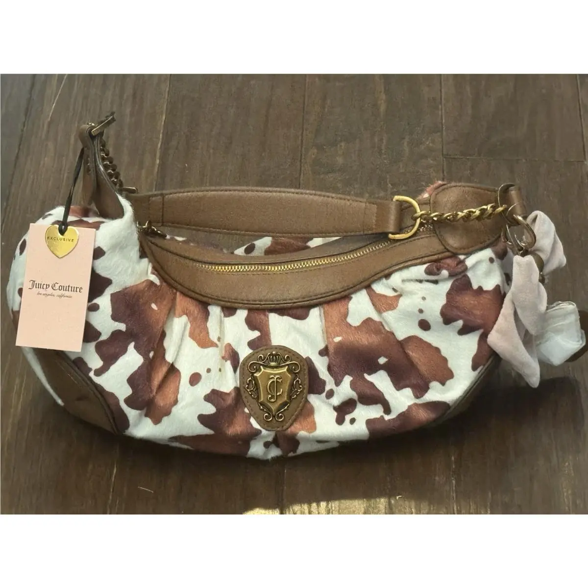 Brown White Cow Print Hobo Shoulder Bag Zip W/bow Charm Gold by Juicy Couture