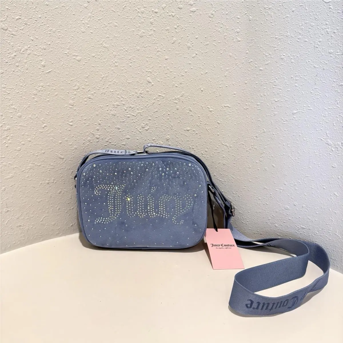 Let It Shine Velvet Rhinestones Logo Blue Crossbody Bag OS by Juicy Couture