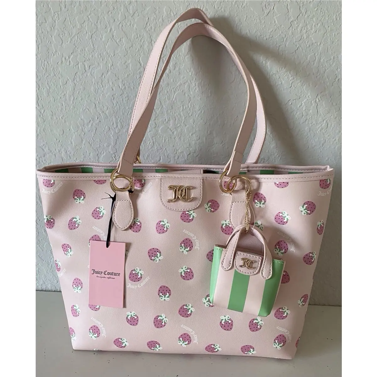 Juicy Couture Fun In The Sun Pink Strawberries Bows Tote Bag Powder Blush Retro