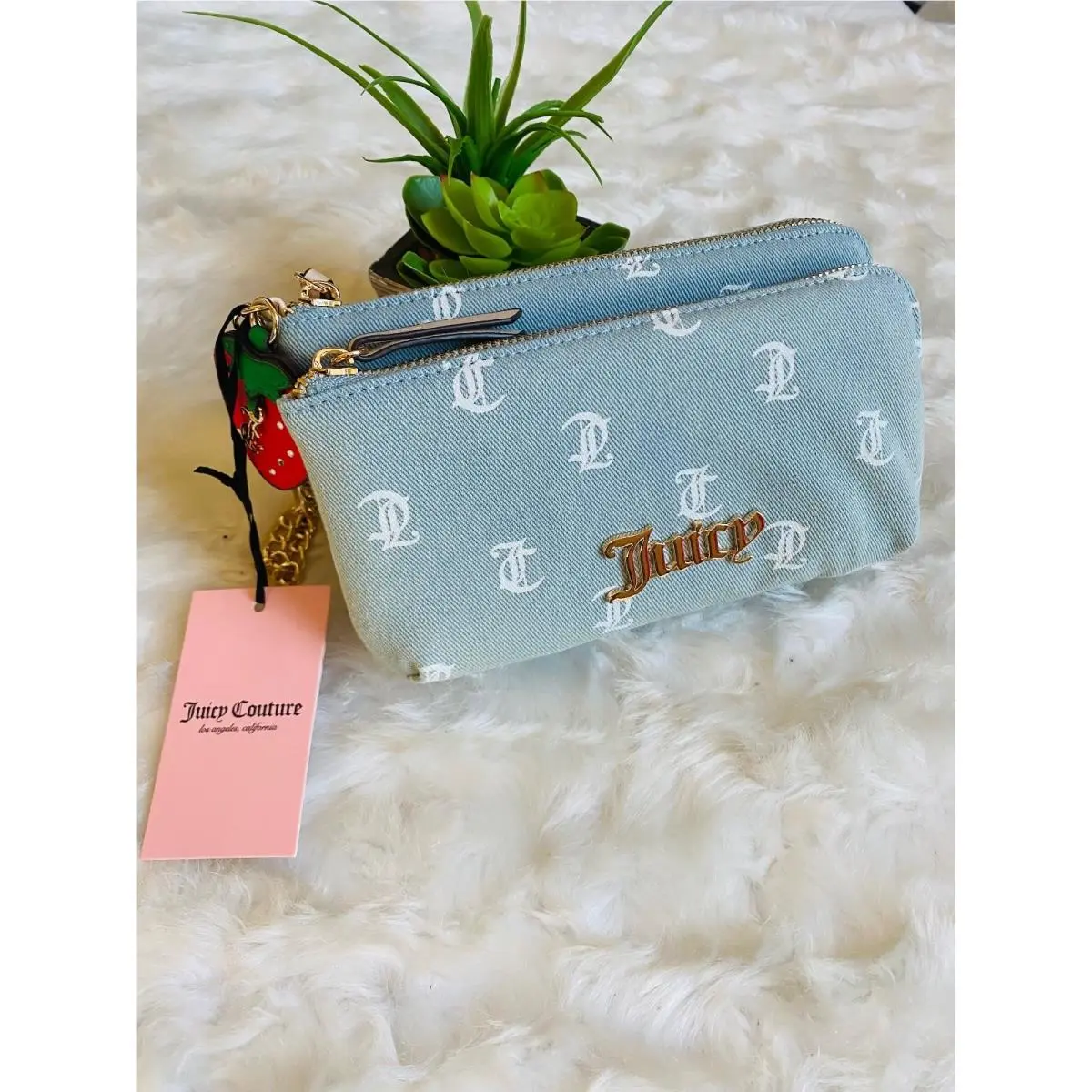 Light Blue Monogram Canvas Double Zip Pouch by Juicy Couture