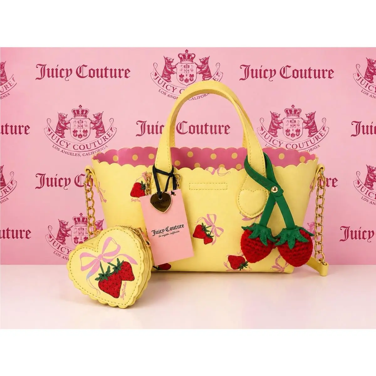 Strawberry Print Mini Tote Crossbody Purse Heart Coin Pouch by Juicy Couture