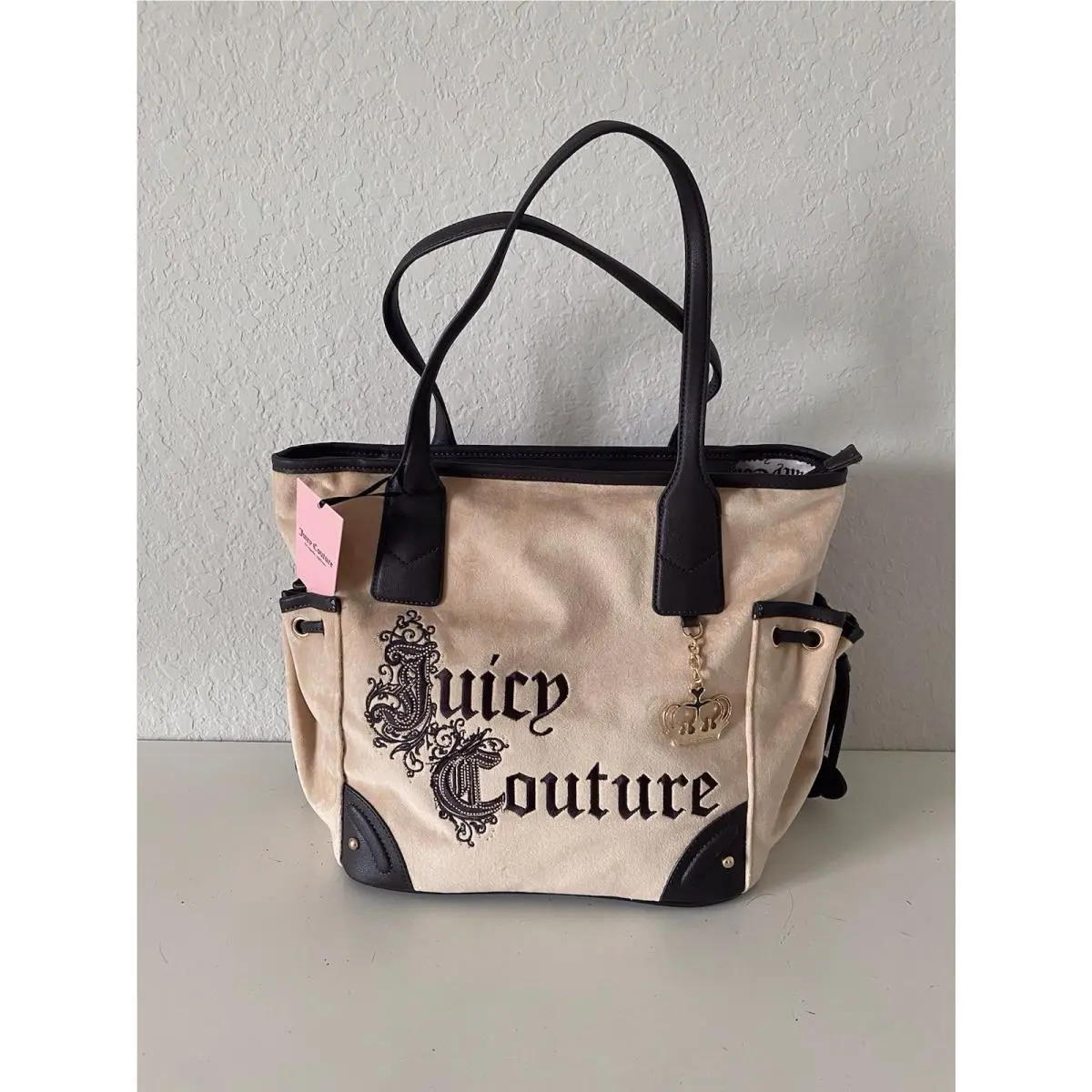 Renaissance Tote In Buff Beige Velvet Embroidered W/crown Charm by Juicy Couture