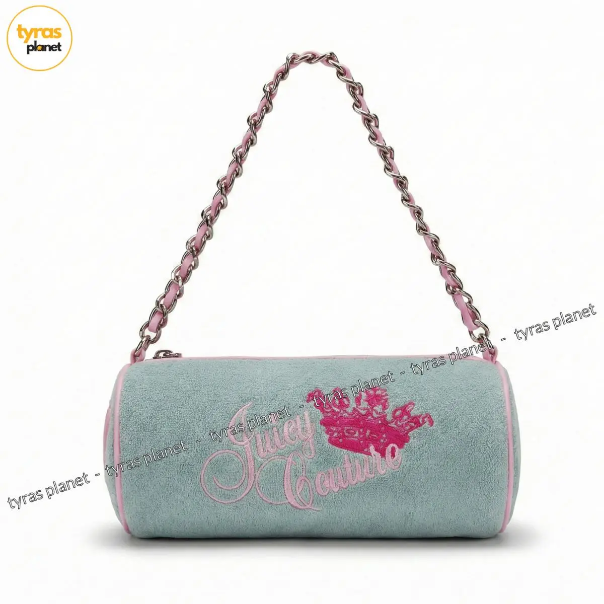 Juicy Couture Heritage Barrel Bag Pastel Turquoise Terry Pink Logo Chain Strap