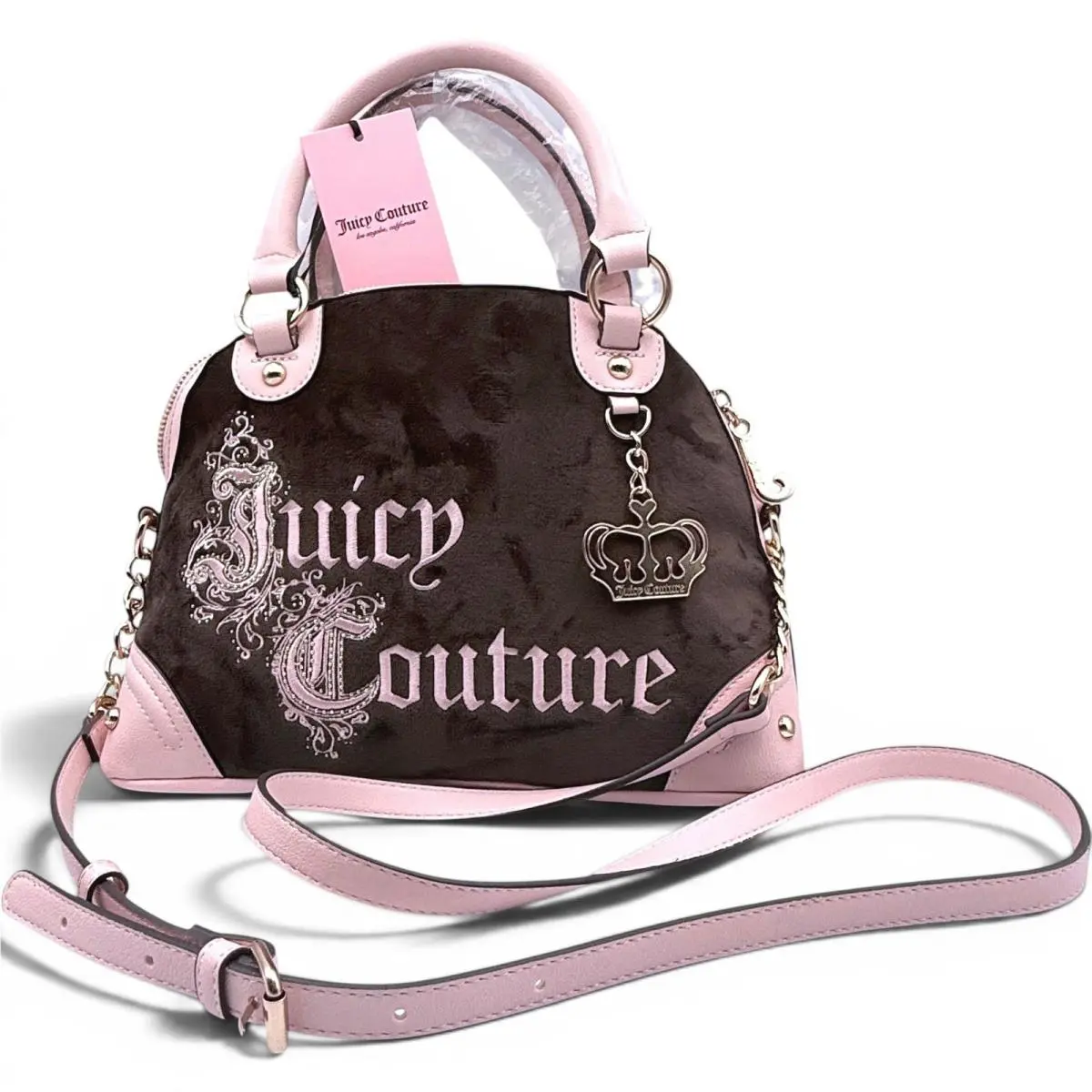 Juicy Couture Gothic Logo Velour Satchel Crossbody Bag Brown/pink Y2K Style