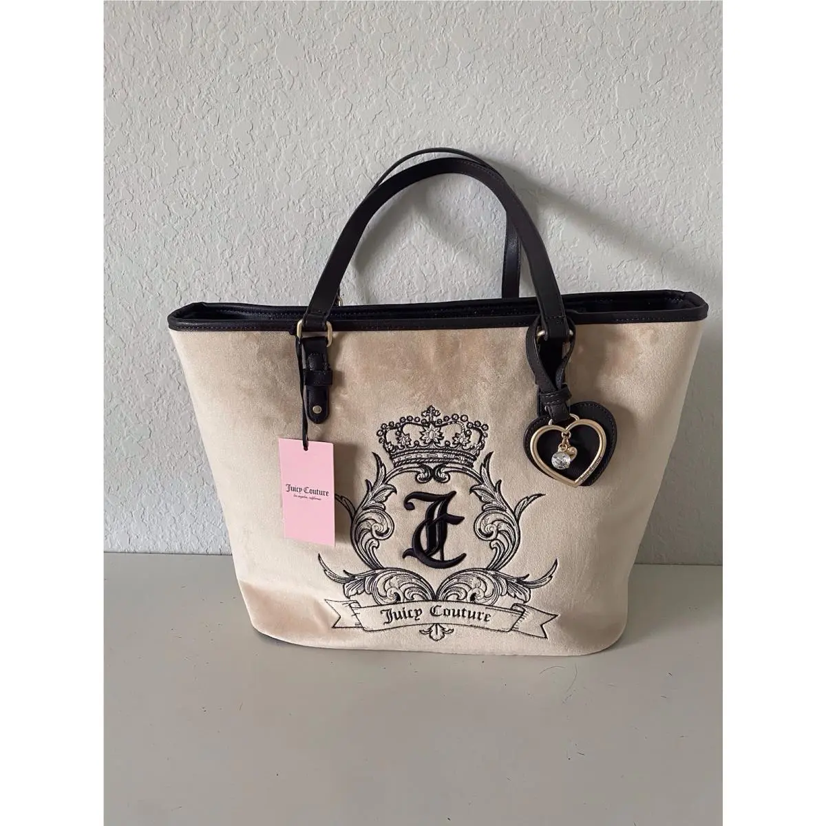 Need More Juicy Tote In Buff Beige Embroidered W/charm Retro by Juicy Couture