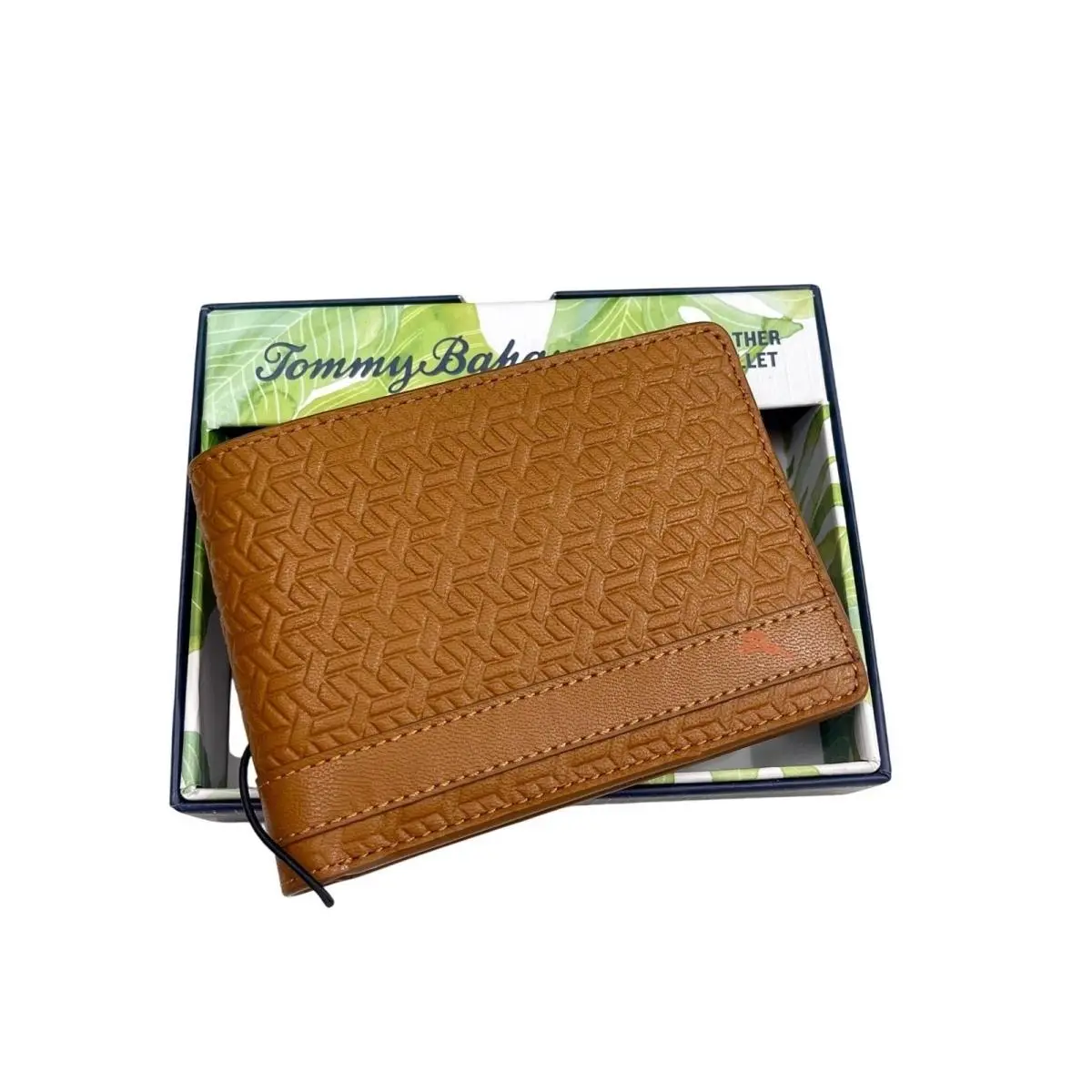 Tommy Bahama Mens Tan Leather Geometric Embossed Bifold Wallet