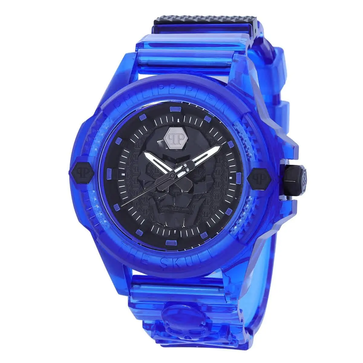 Philipp Plein PWWAA0323 The Skull Black Dial 44 mm Men`s Watch - Transparent Blue, Dial: Black, Band: Transparent Blue