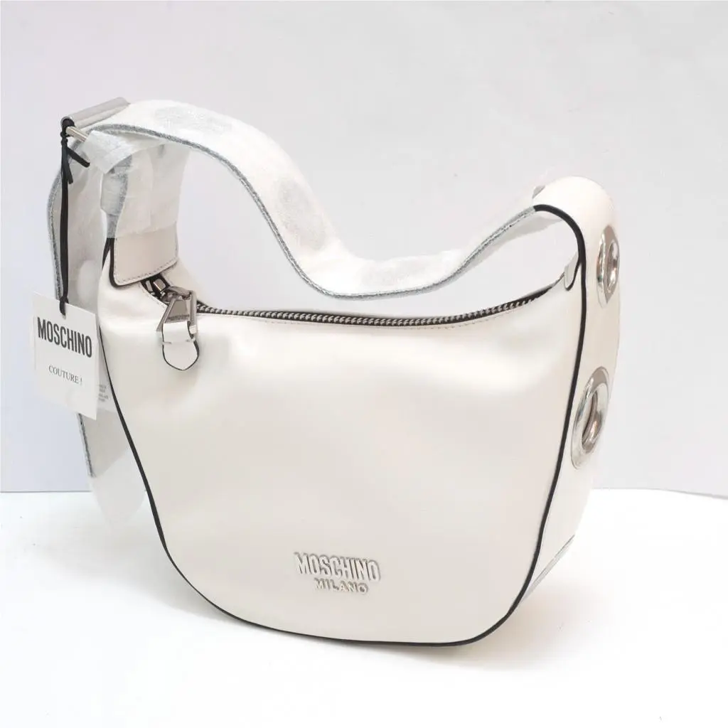 Couture Logo Shoulder Bag with Grommets in White by Moschino