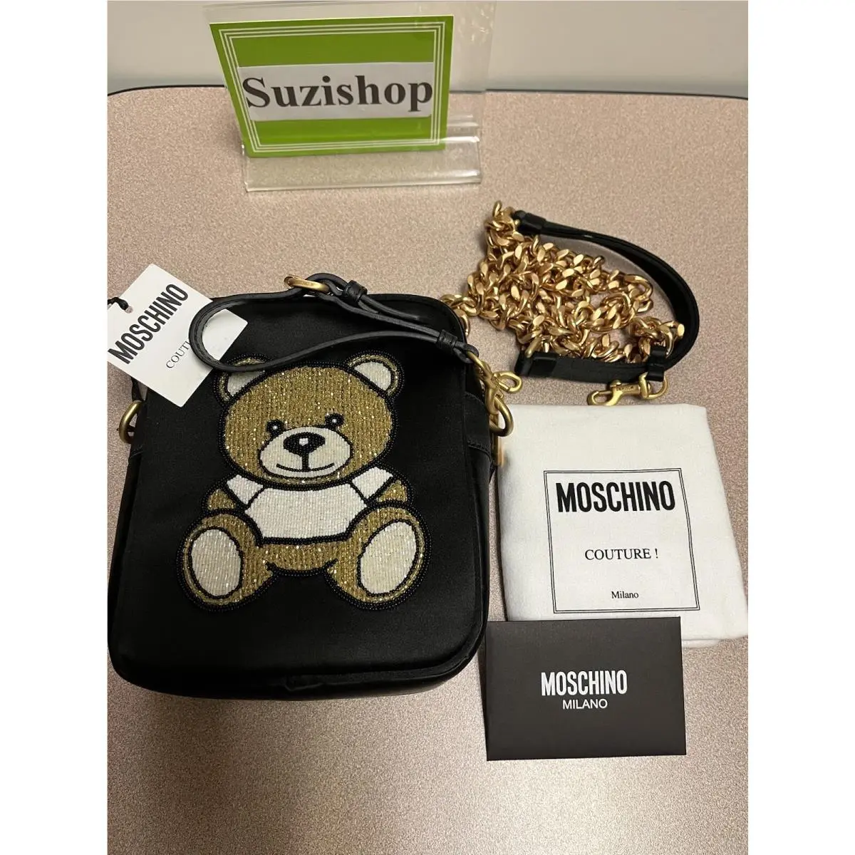 Beaded Teddy Cute Bear Black Gold Satin Crossbody Bag by Moschino