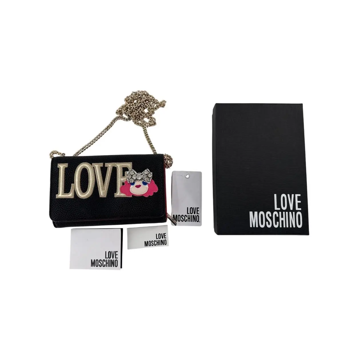 Love Moschino Black Leather Chain Wallet Crossbody Bag with Charm