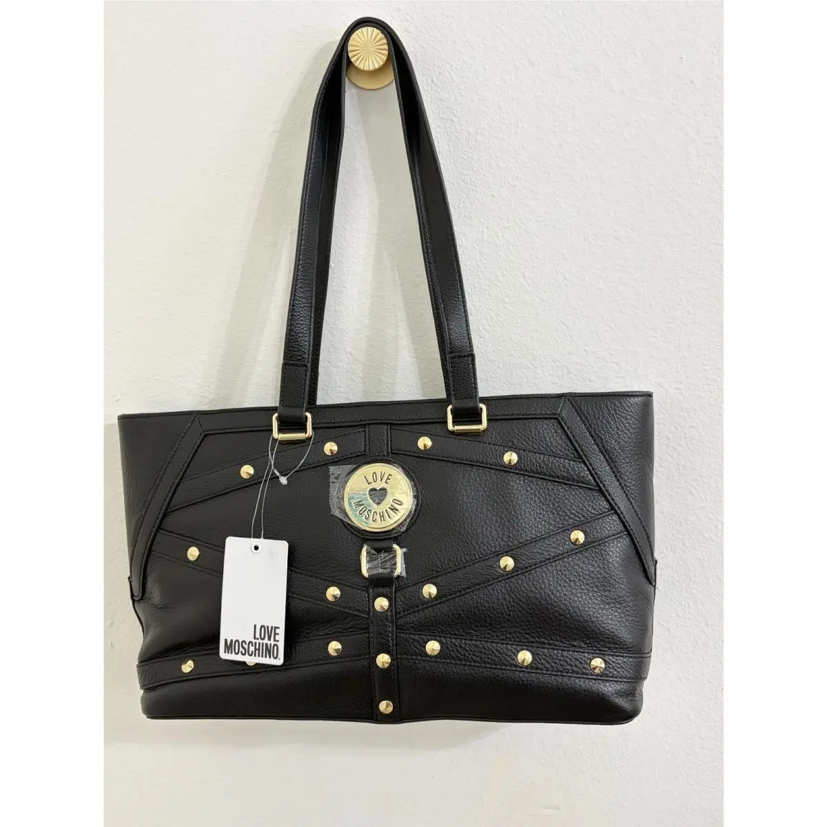 Love  JC4298 Black Gold Studded Tote Bag Large Bag Purse Biker Moto by Moschino