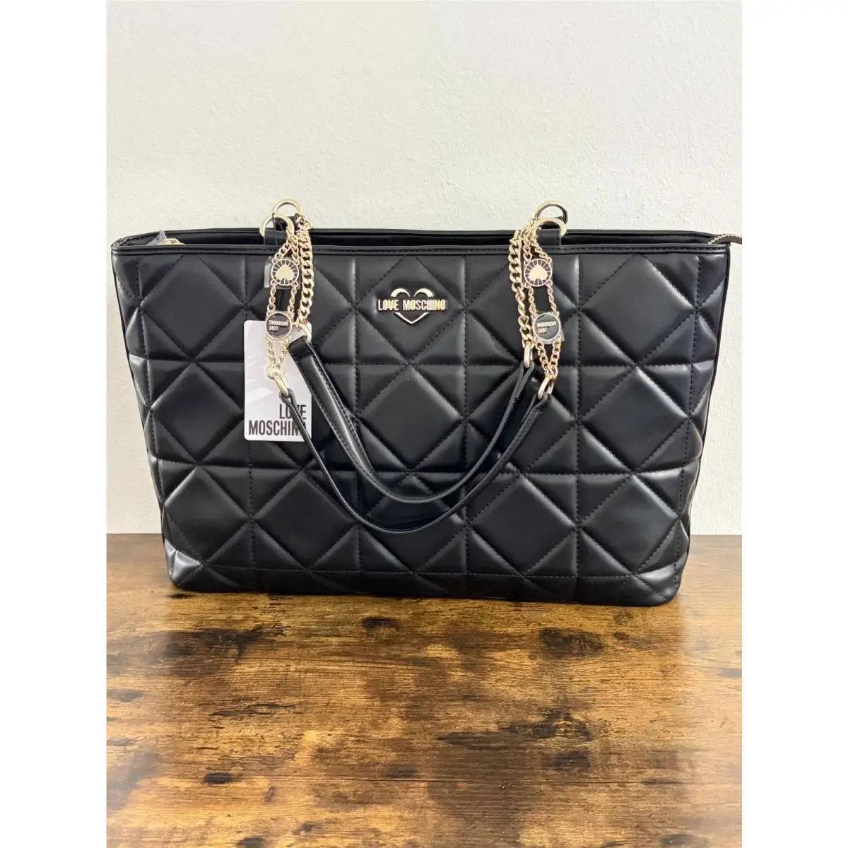 Love Moschino Women Black Quilted Tote Bag Gold Chain Shoulder Bag Moto