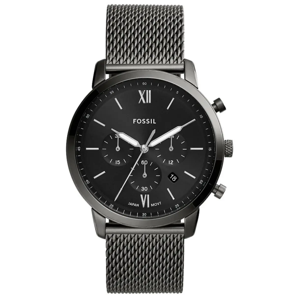 Fossil Men`s Watch Neutra Chronograph Black Dial Smoke Grey Mesh Bracelet FS5699