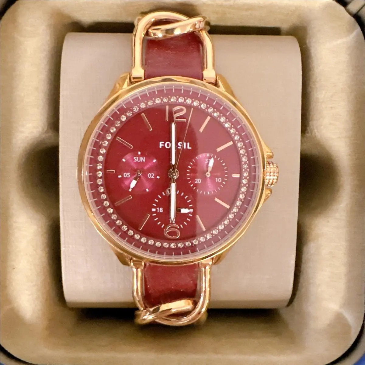 Fossil ES5141 Rose Gold Chronograph Watch 36mm Crystal Bezel