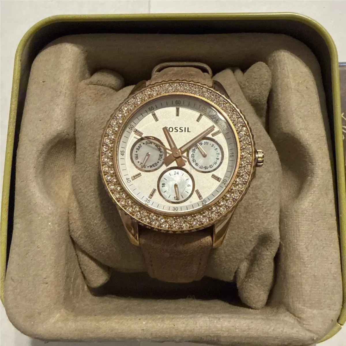 Women  Watch ES3104 Rose Gold Crystals Tan Band Needs Battery by Fossil