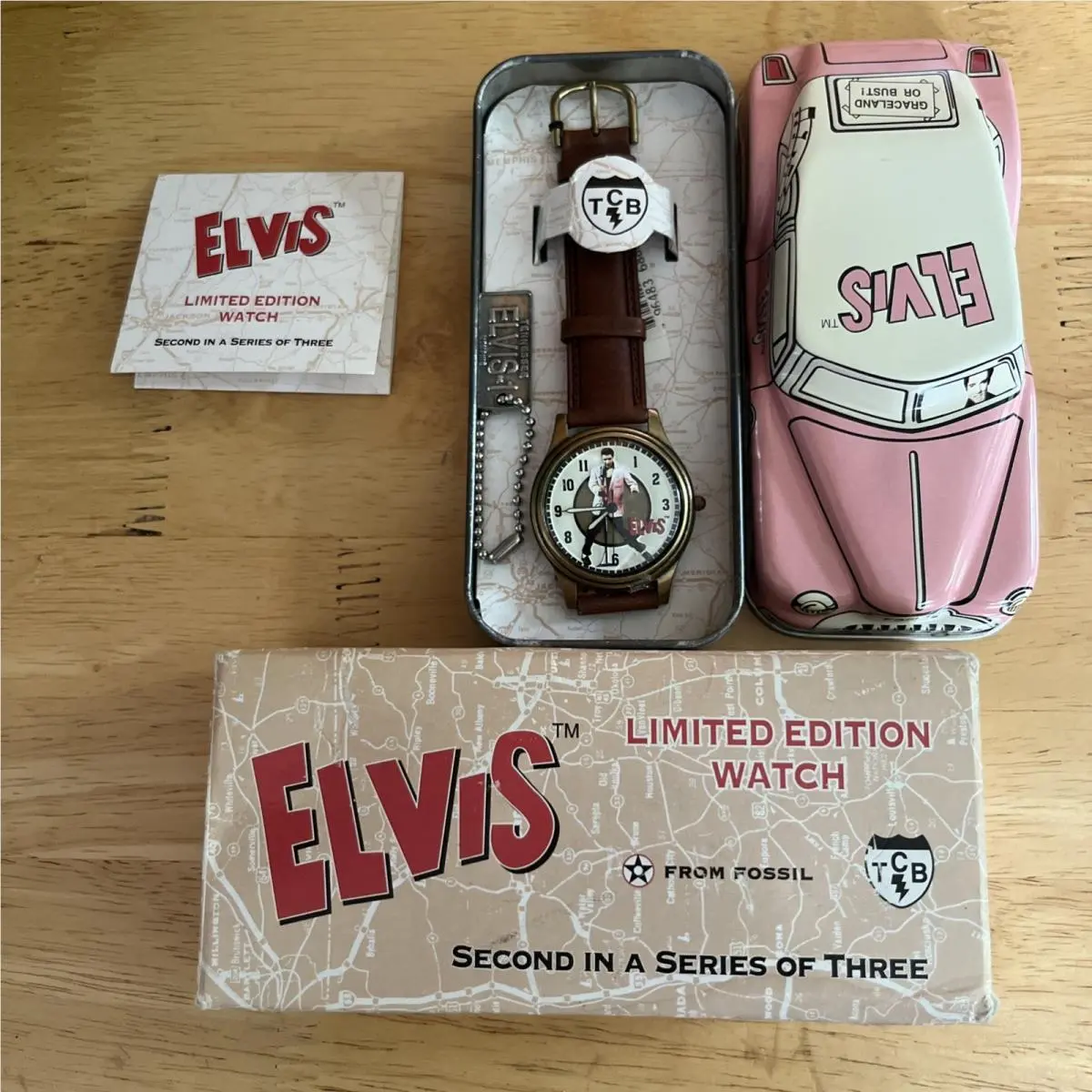 Elvis Presley 1995 Ltd Edition Tcb Watch  Pink Cadillac Tin 758 by Fossil
