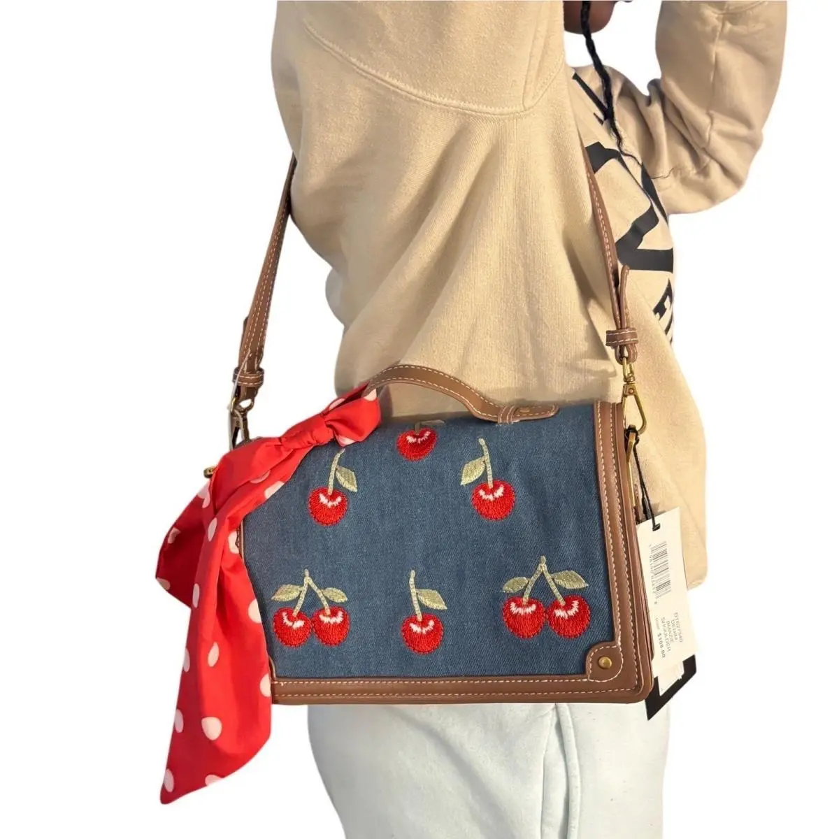 Steve Madden Cherry Embroidered Denim Satchel Crossbody Bag Scarf Coquette